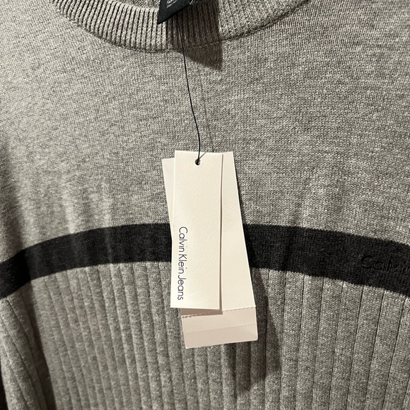 Calvin Klein Grey Long Sleeve Crew Neck Rib Knit Sweater With Dark Grey Stripe - Picture 7 of 7